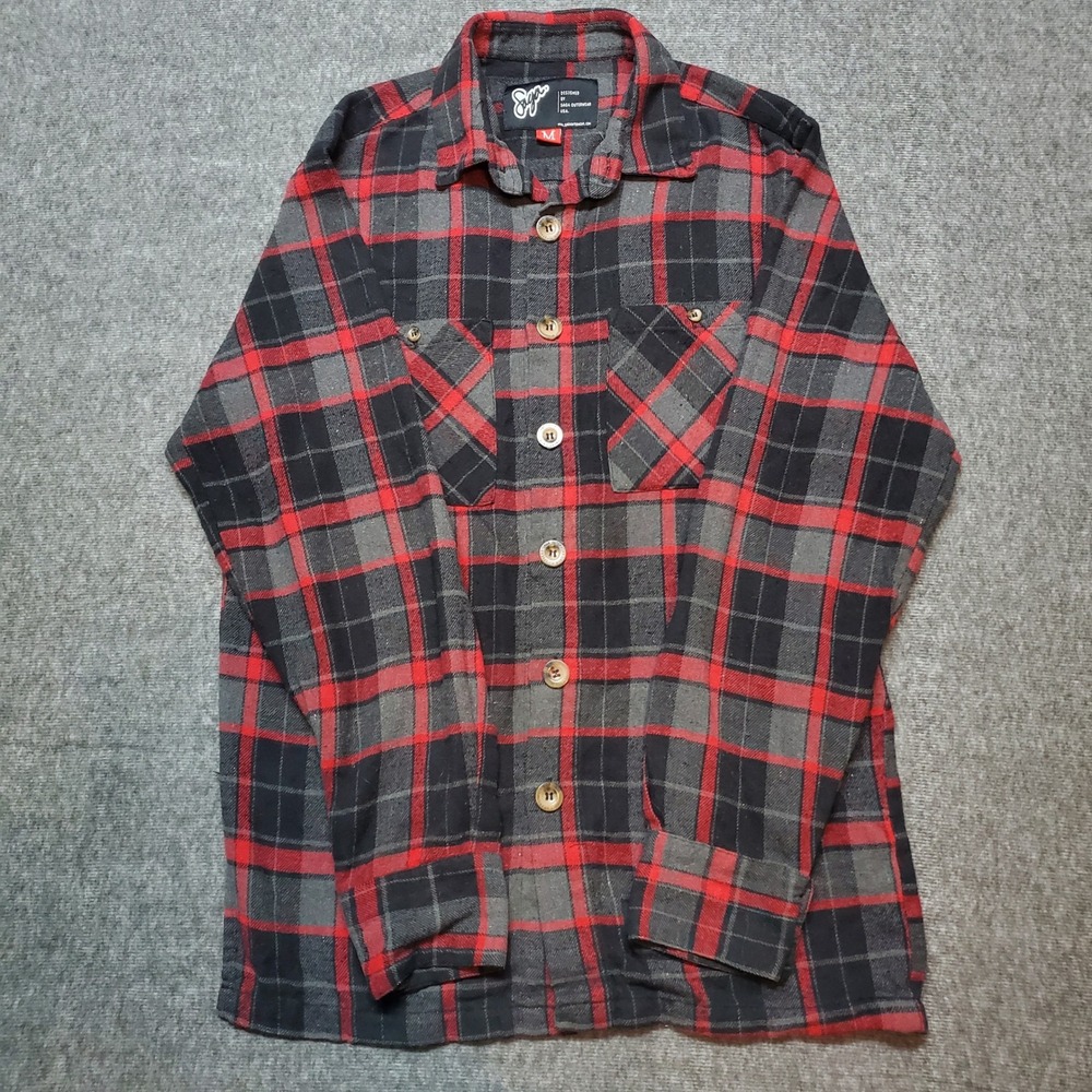 Saga Outerwear Flannel Shirt Mens Medium Red Gray Black Plaid Button Up Cotton